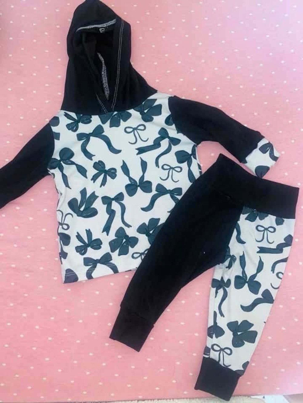 Kids Handmade Black & Gray Bow Print Hoodie Set